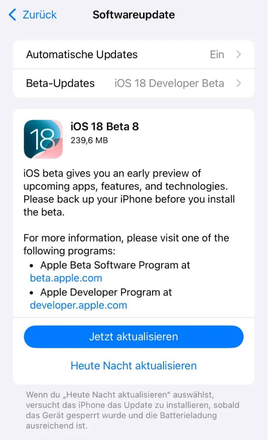 武川苹果手机维修分享苹果 iOS / iPadOS 18 开发者预览版 Beta 8 发布 